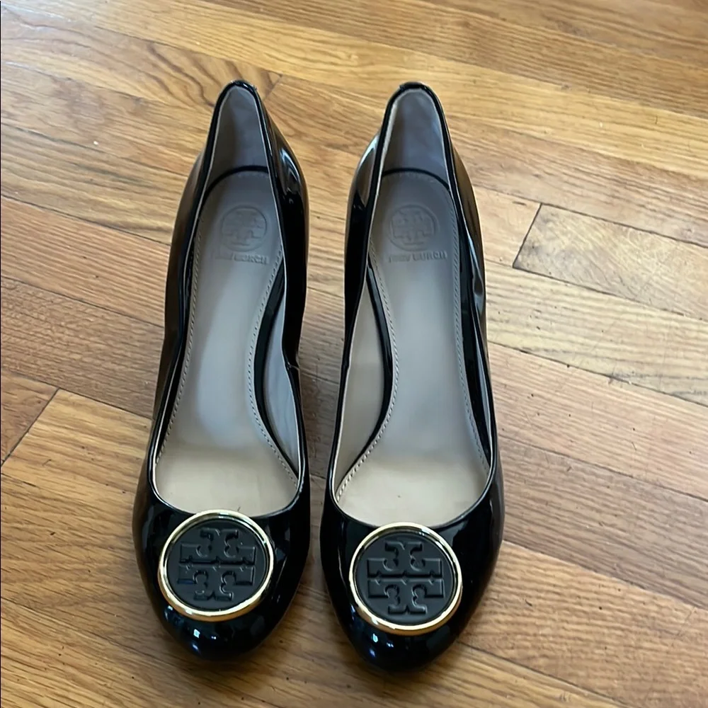 Tory Burch Black Patent Logo Cap-Toe Heels with Gold Trim